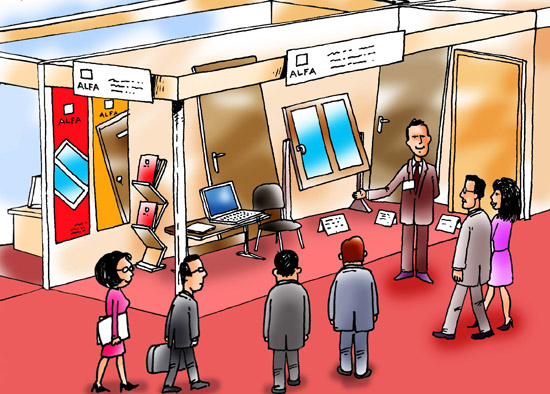 People gathering around an expositional booth