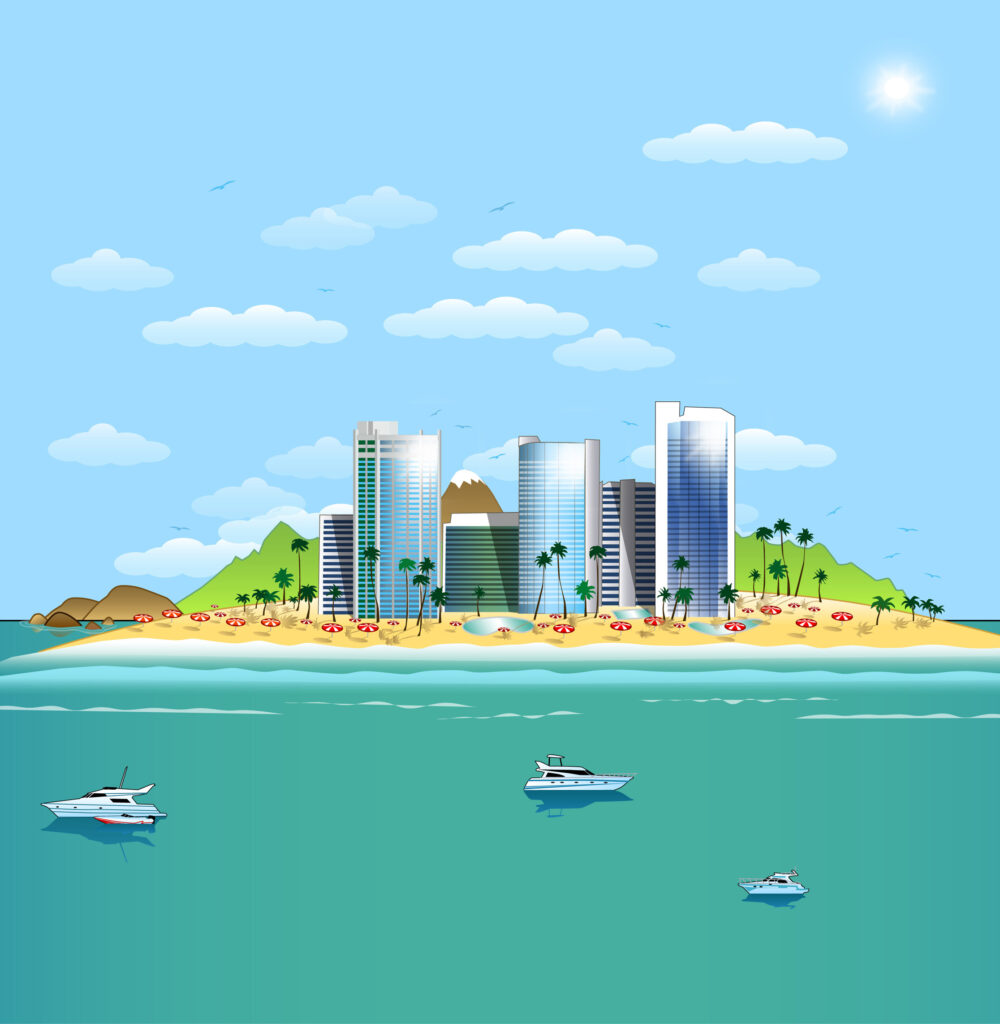 Tropical Island with modern hotels and a few yachts floating around.